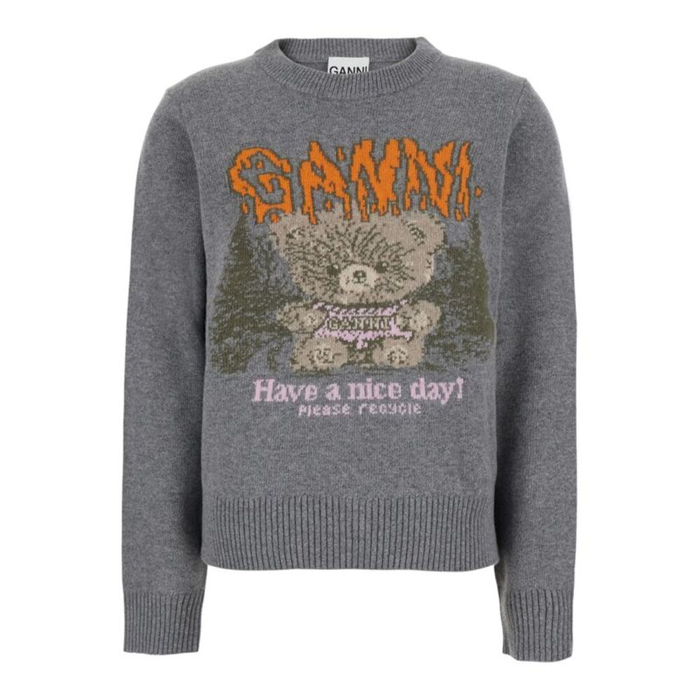 Ganni Women Gray Sweater With Graphic In Wool